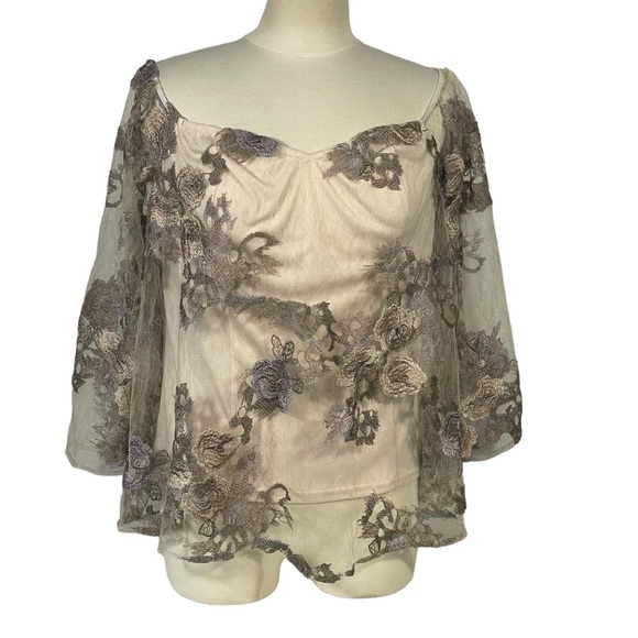 Venus Ivory Taupe Floral Lace Mesh Overlay Off Shoulder 3/4 Sleeve Top Blouse L - Picture 1 of 11